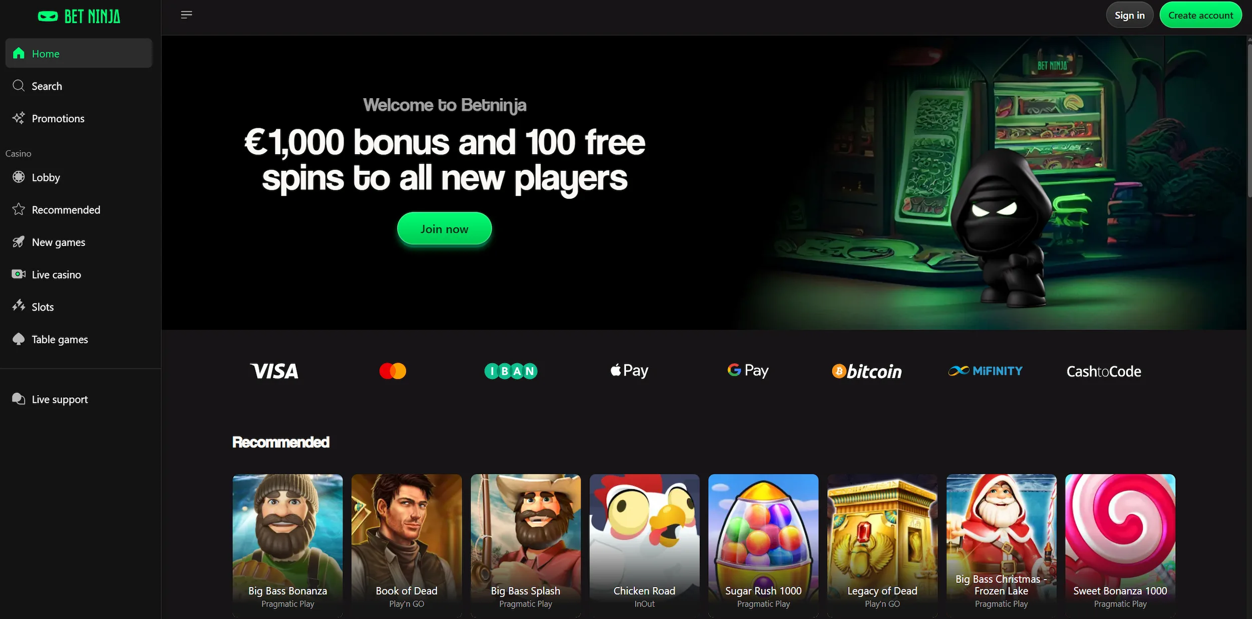 BetNinja casino homepage showing welcome offer, selection of popular online pokies and site main navigation