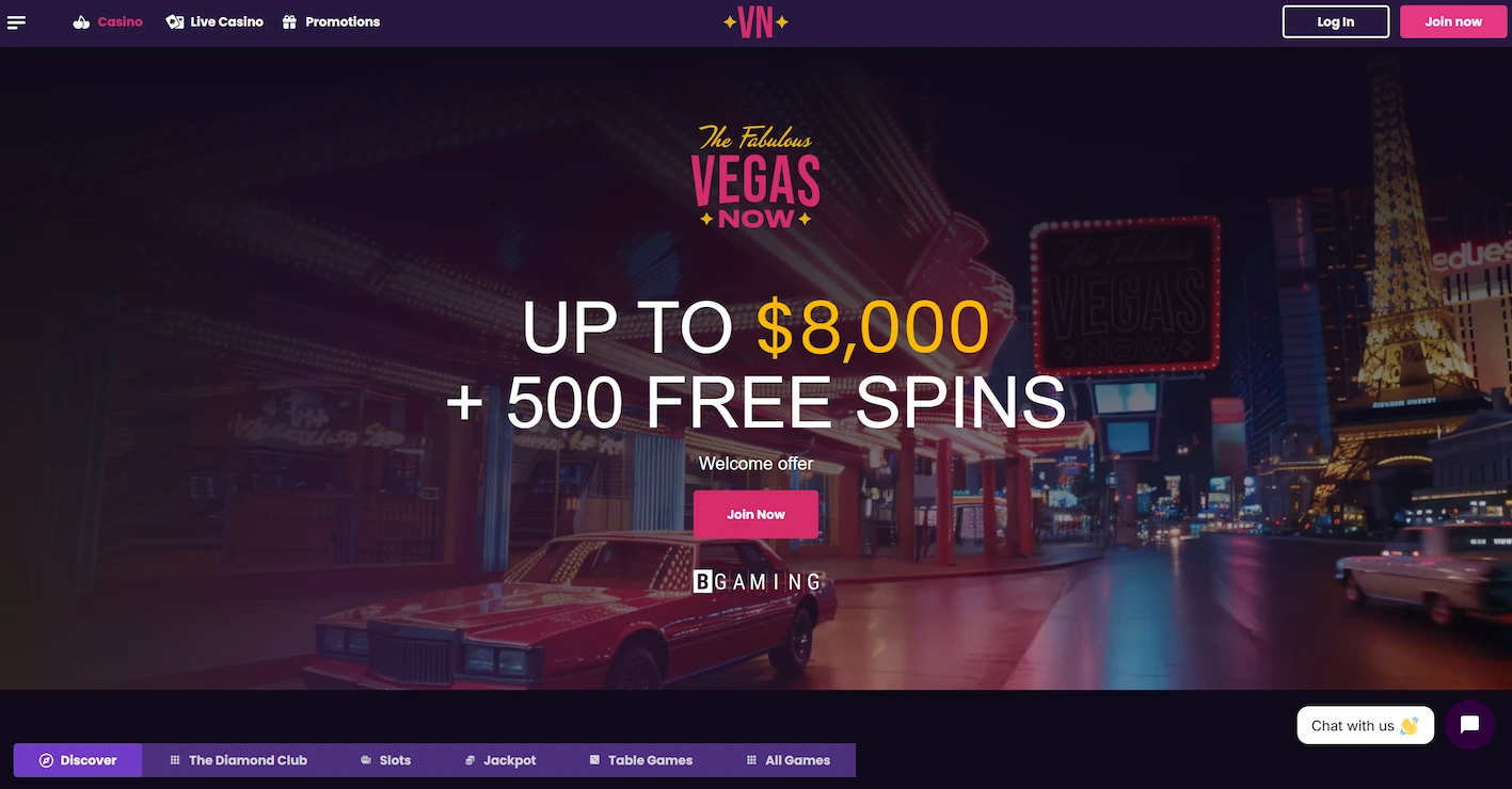 VegasNow casino homepage showing welcome offer and site main navigation